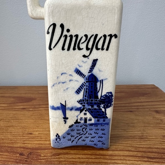 Antique Vinegar Bottle Jug Blue White Windmill Vintage Pottery Cork Decor - Picture 2 of 9